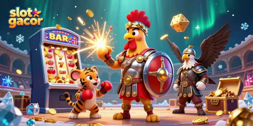 Experience slot gacor excitement with a dynamic casino scene featuring a gladiator rooster and a tiger cub.
