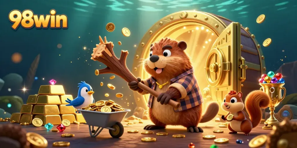 Experience the thrill of 98win with a vibrant casino adventure featuring golden coins and treasures.