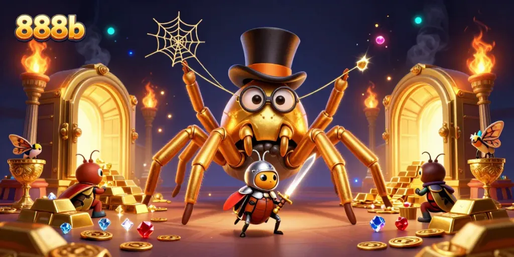 Encounter thrilling casino magic with 888b, featuring a golden tarantula and beetle knight battling over treasures.