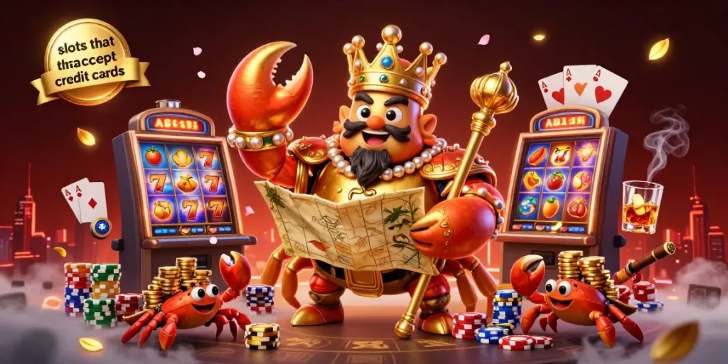 Play slots that accept credit cards in a dynamic casino scene with a golden crab emperor and playful hermit crabs.