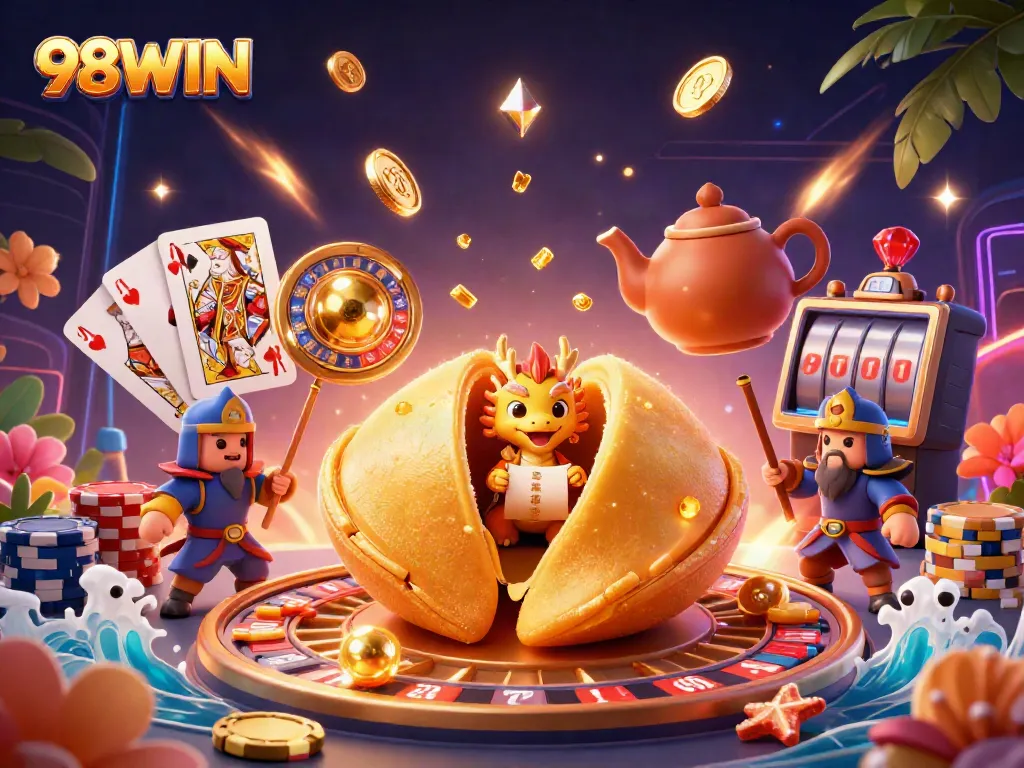 Engage with 98WIN's vibrant casino world, showcasing a giant golden fortune cookie with rich treasures inside.