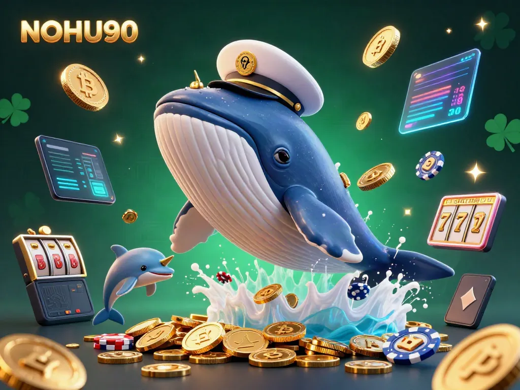 Experience exciting gameplay with NOHU90 in a dynamic casino scene featuring a playful 3D whale and poker tricks.