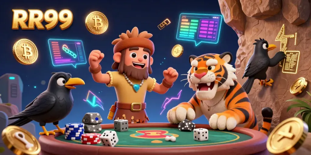 Experience the thrilling ambiance of RR99's prehistoric casino with vibrant elements and engaging characters.
