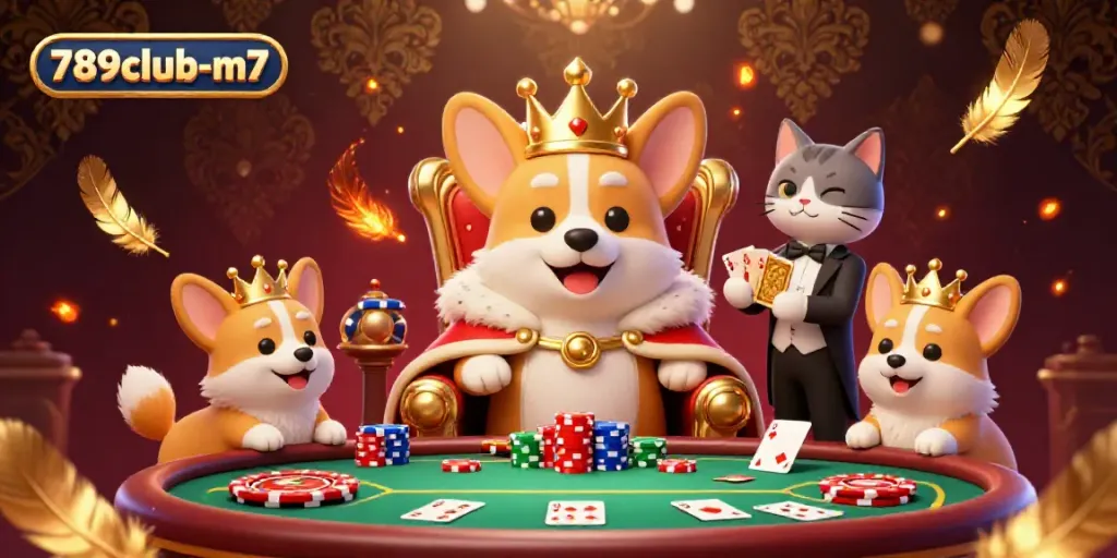 Engage with the vibrant 789club-m7 scene featuring a royal corgi and cat butler, embodying casino excitement.