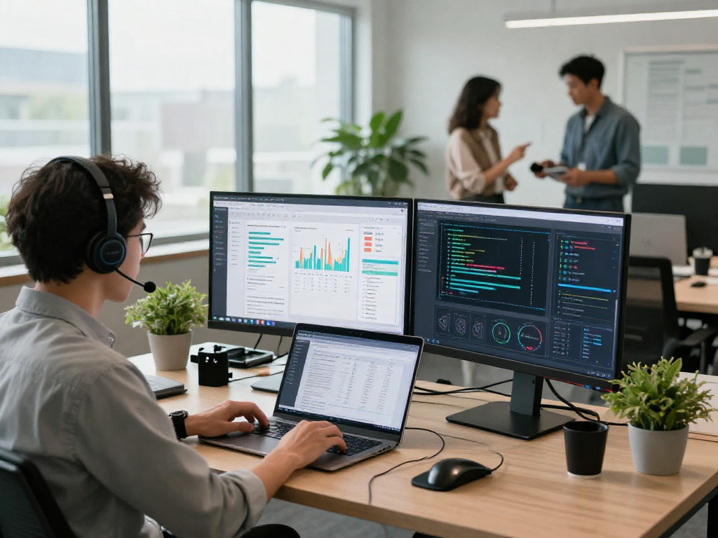 Document fraud detection analysis in a modern office, showcasing advanced software and teamwork.