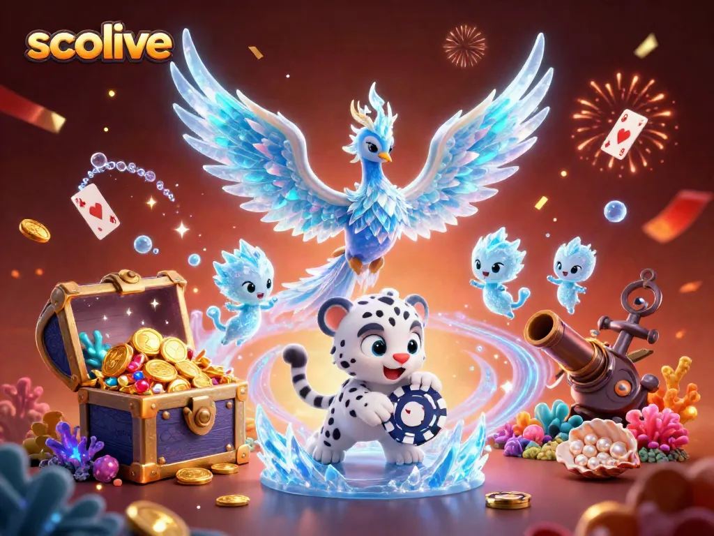 Socolive offers immersive gaming with an enchanting phoenix and playful snow leopard among vibrant treasures.