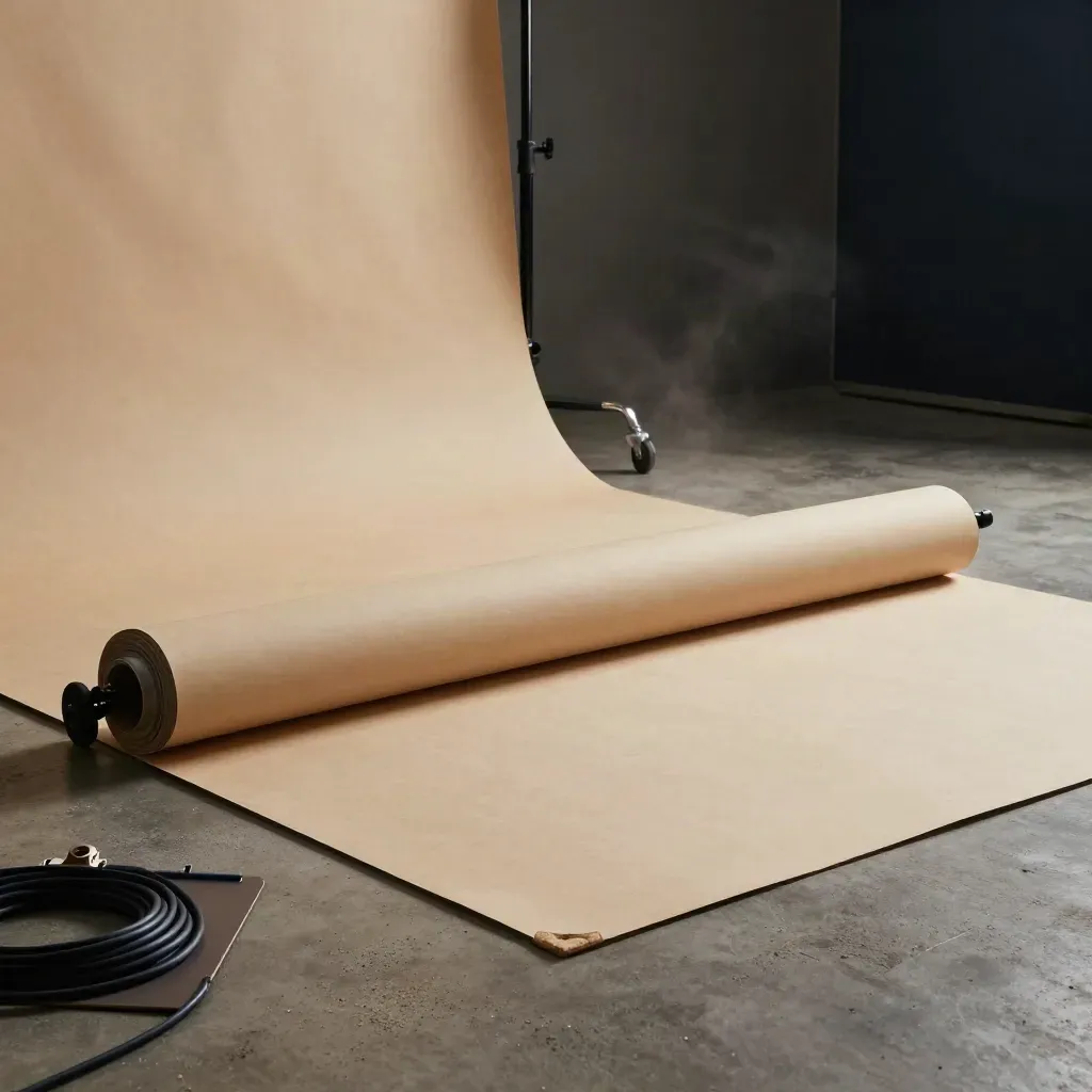Low-angle prep line with backdrop rolls, prop case, sample boards and cable on concrete.