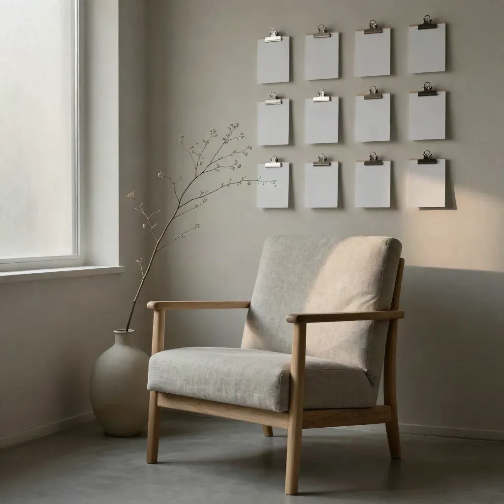 Empty linen chair, blank bio cards, and a slim vase branch in a quiet interview corner