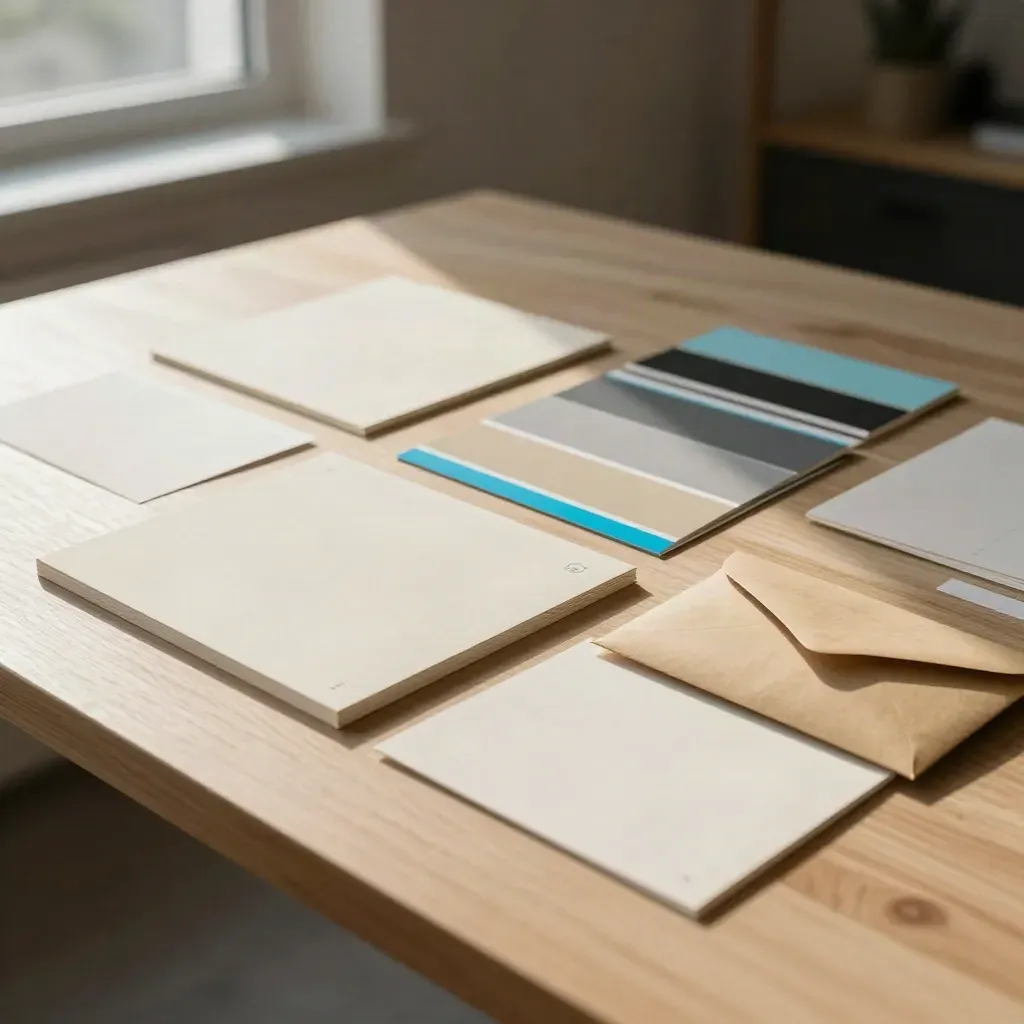 Launch-kit brand boards, swatches and paper proofs laid out on pale oak in warm window light.