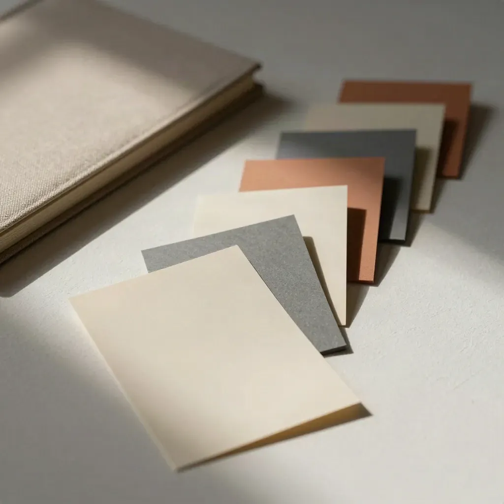 Top-down layout of blank cards, slate chips and a closed notebook on pale plaster