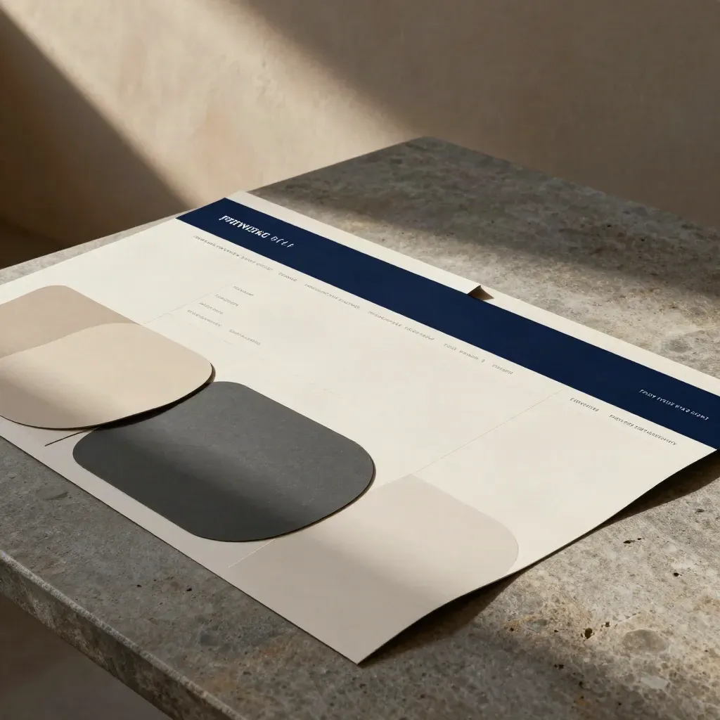 Modular website graphics panels and paper cutouts arcing across a stone table in cinematic light.