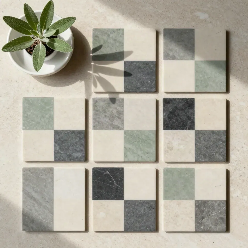 Top-down grid of six abstract content cards on travertine with a small plant and ceramic dish.
