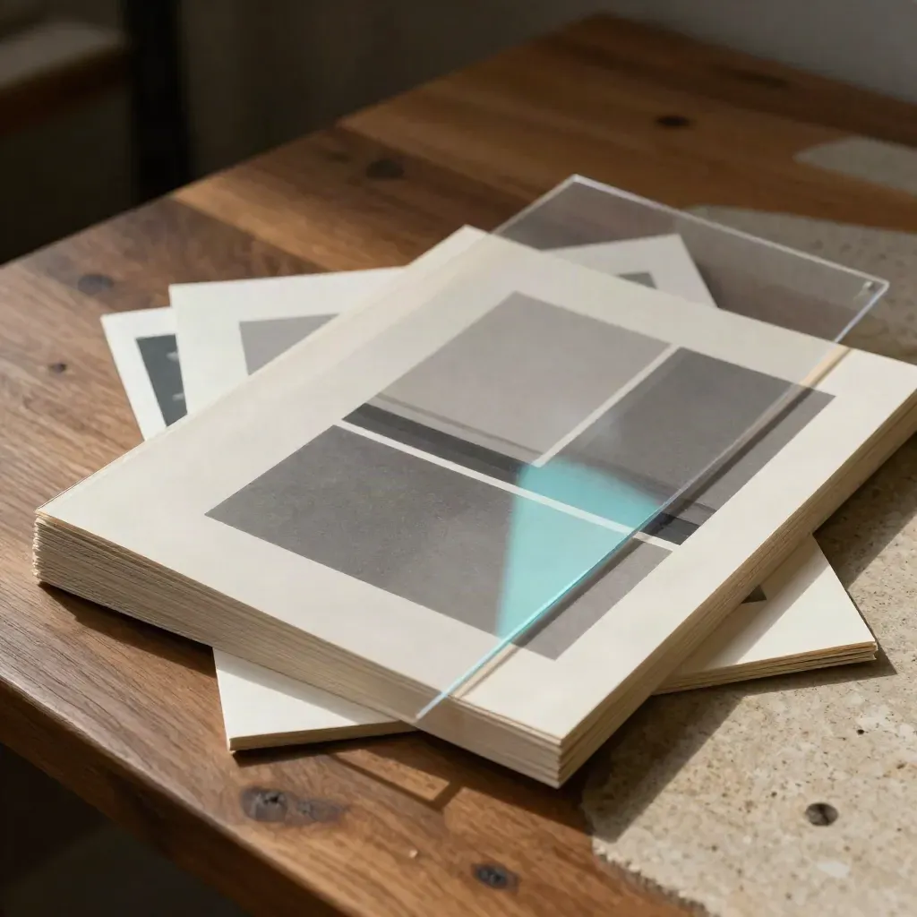 Layered ad proofs and a cyan acetate overlay sliding across a walnut studio bench.