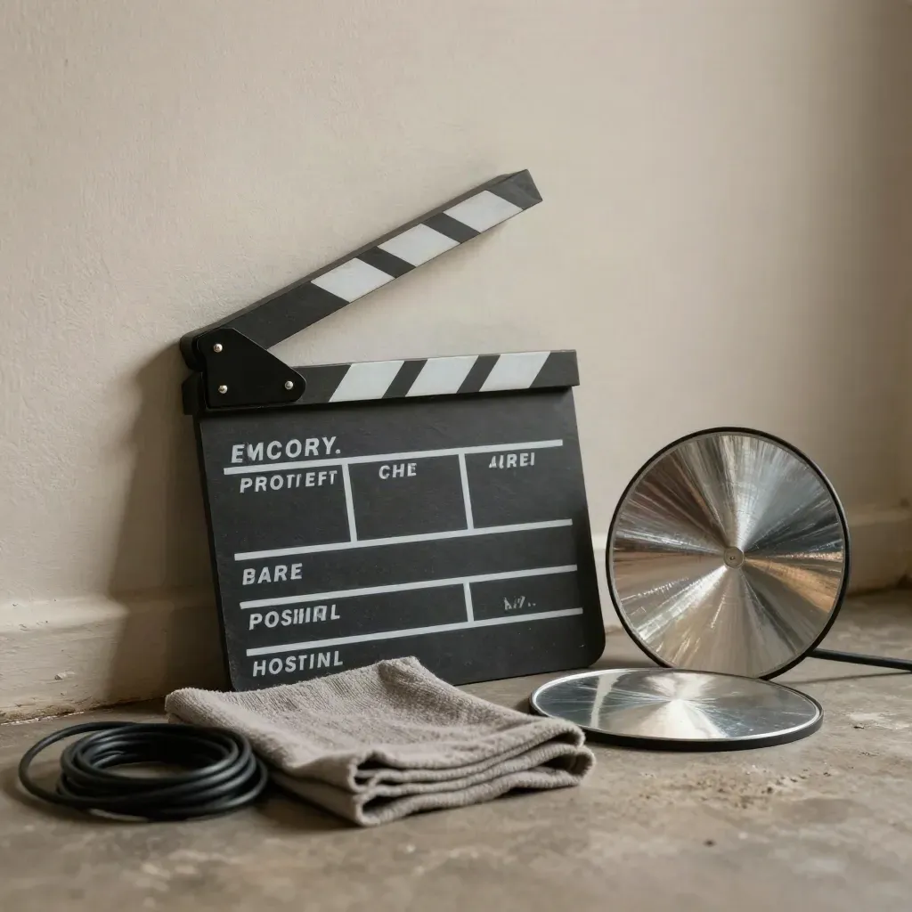 Clapperboard closing beside diffusion cloth, reflector disc, and coiled cable against a white studio wall.
