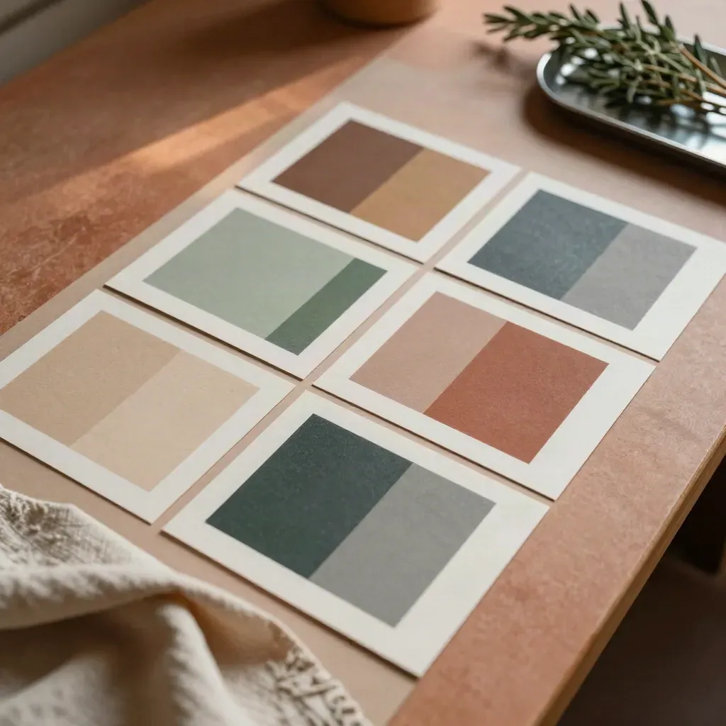 Angled top-down of social content tiles arranged on a campaign table with linen and plants.