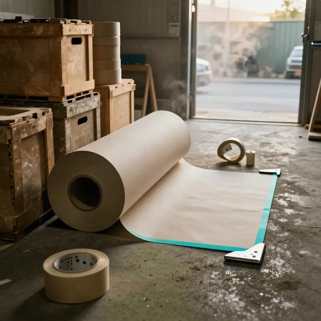 Backdrop roll unfurling past crates on a warehouse floor with steam by an open door.