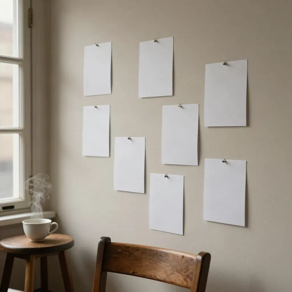 Cozy studio wall with blank voice cards, chair edge, and tea cup in soft window light.