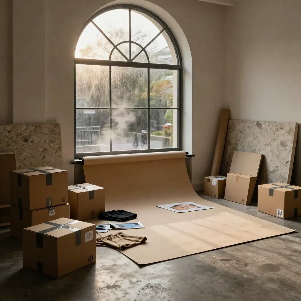 Wide view of a London studio launch set with boxes, kits, arched window, and rain-steamed pavement.