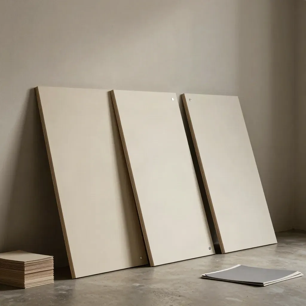 Three leaning ad boards beside a reflector disc and paper blocks against a limewashed wall.
