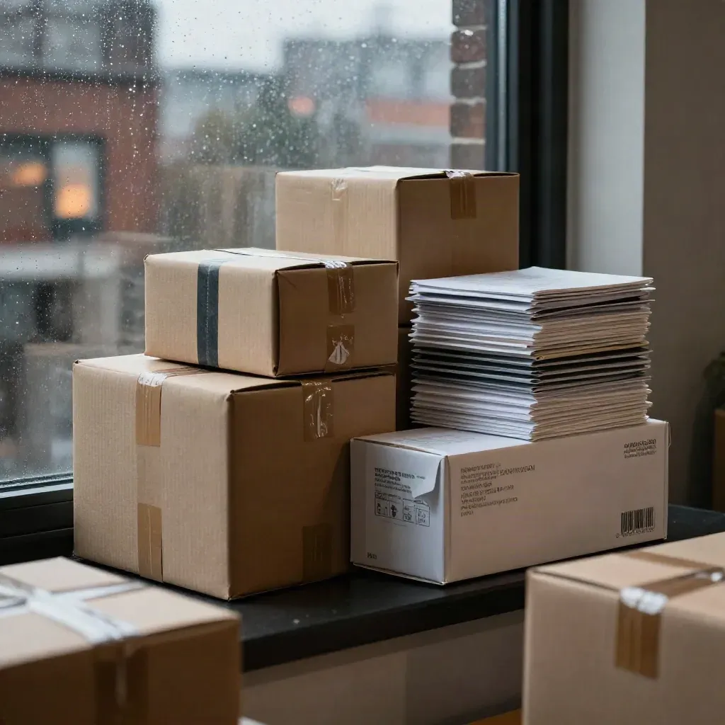 Rain-dark window with courier parcels and launch-kit boxes set down beside city brick