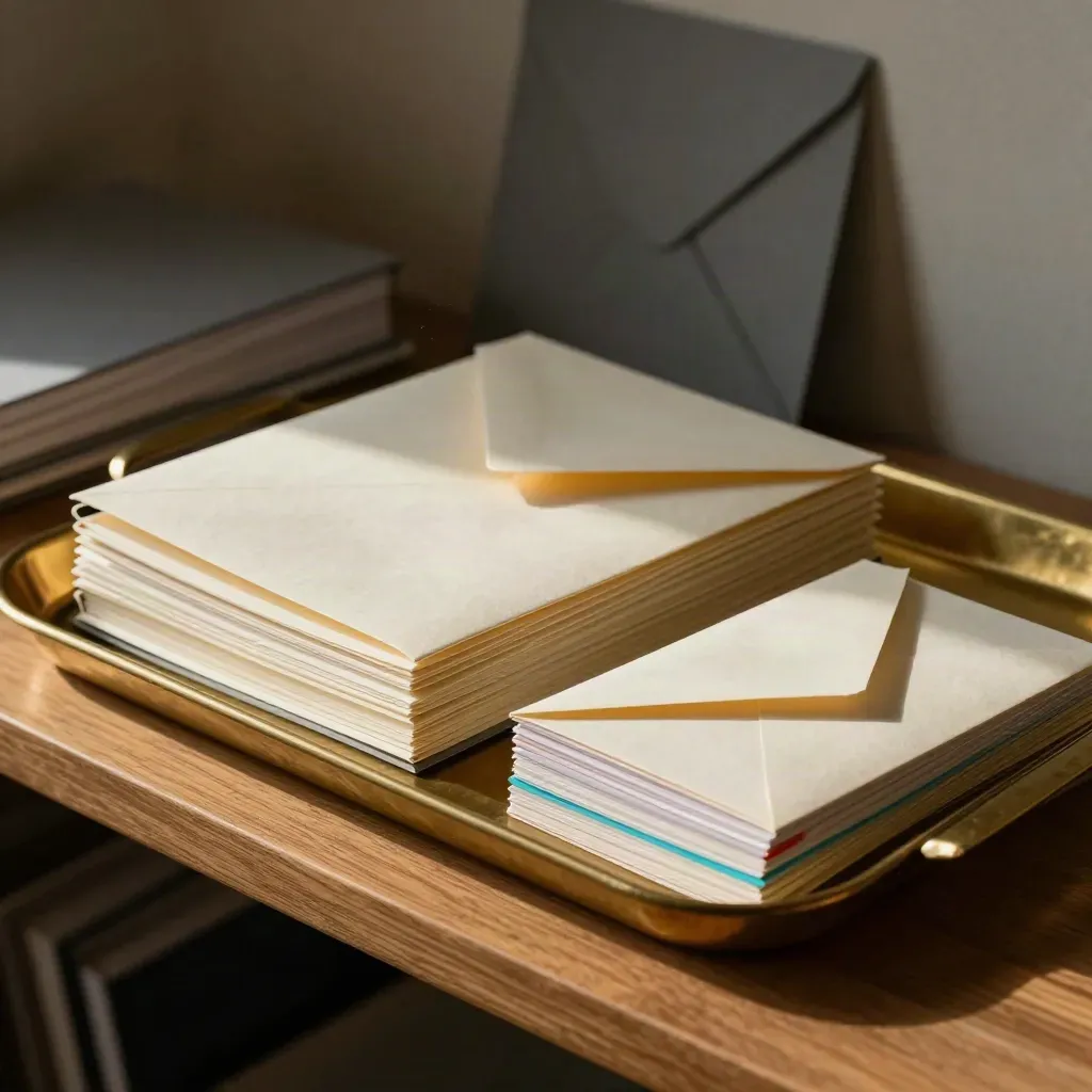 Closed notebooks, sealed envelopes and coloured-tab cards beside a brass tray in warm studio light