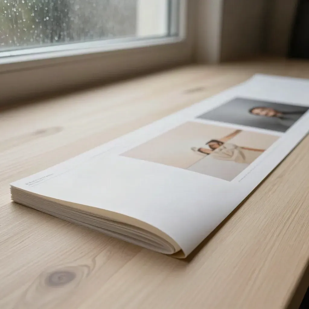 Long website banner strips and artboards on pale wood by a rain-lit window.