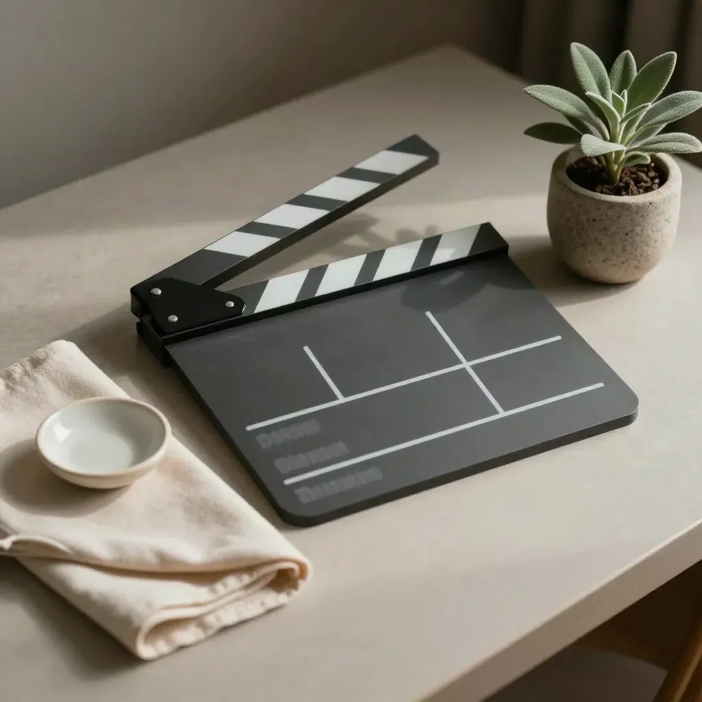 Blank clapperboard with cloth, ceramic dish and small plant on a pale desk.