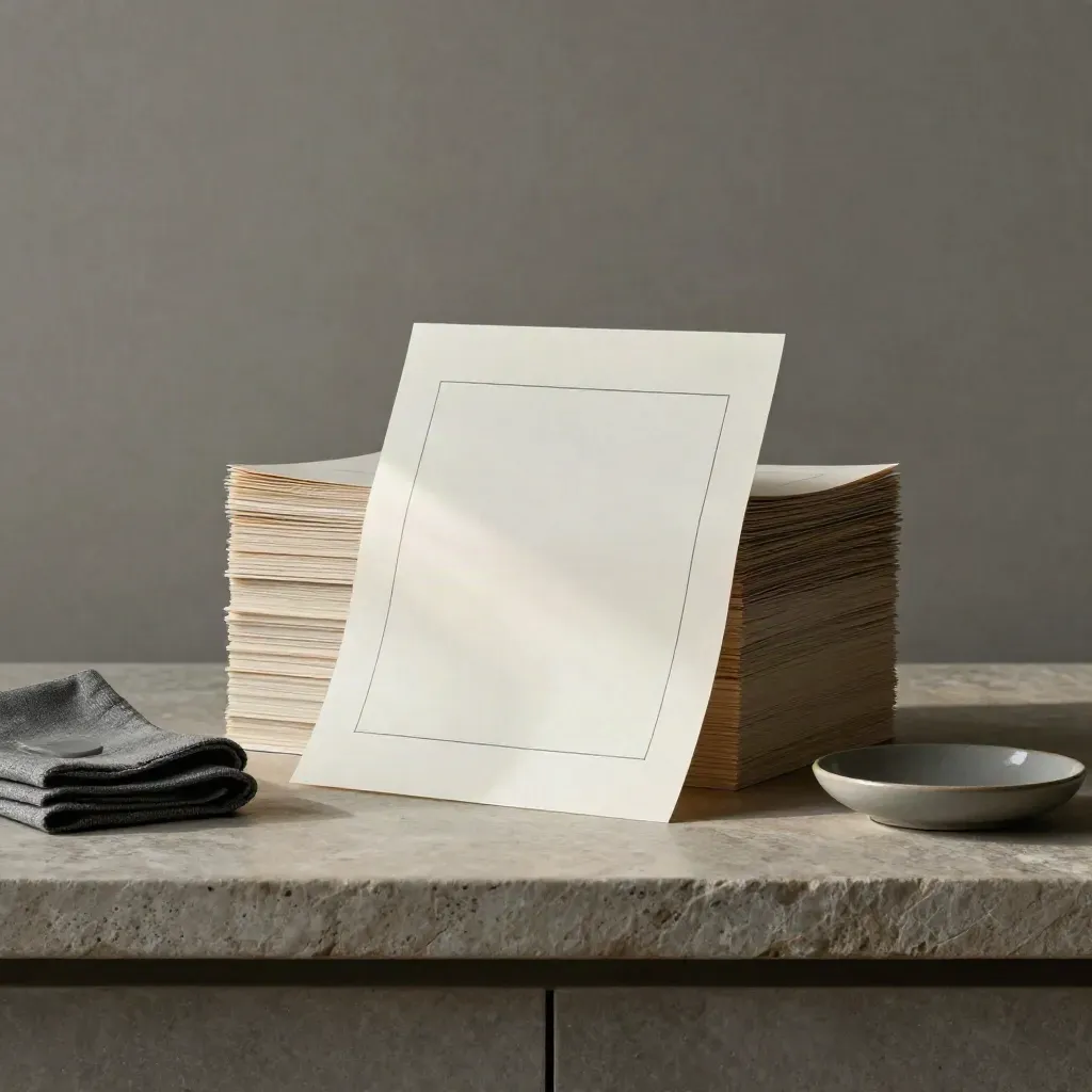Proof sheets, folded cloth and ceramic dish on stone shelf with soft side light