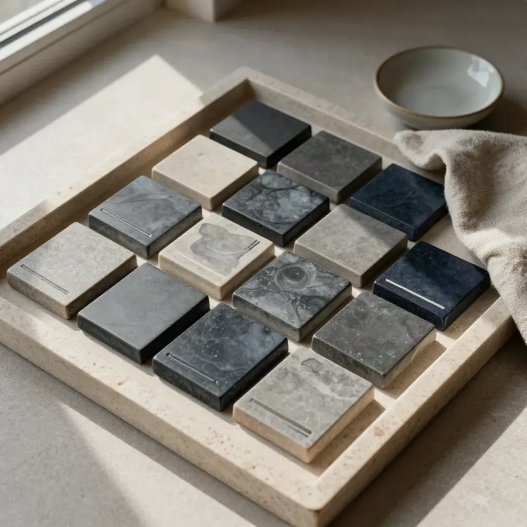 Square grid of navy-toned post tiles, linen cloth and ceramic dish on a stone tray.