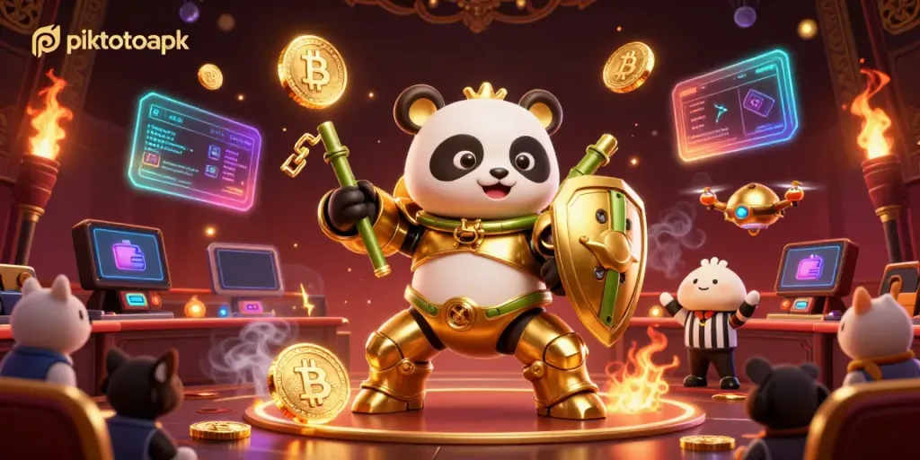 Engage in piktotoapk gaming with a golden panda in a mech suit battling in a vibrant crypto casino arena.