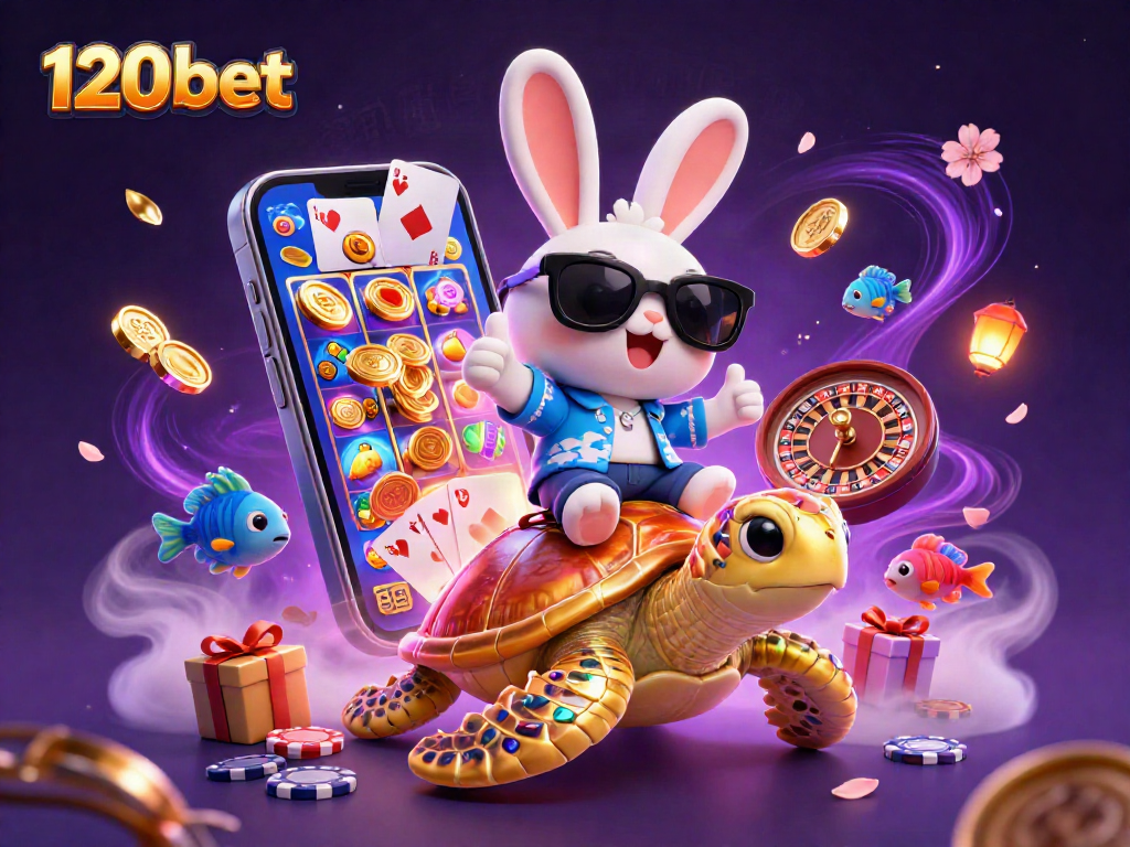 120bet strategy visual featuring a lucky rabbit and gold turtle in a vibrant casino setting.
