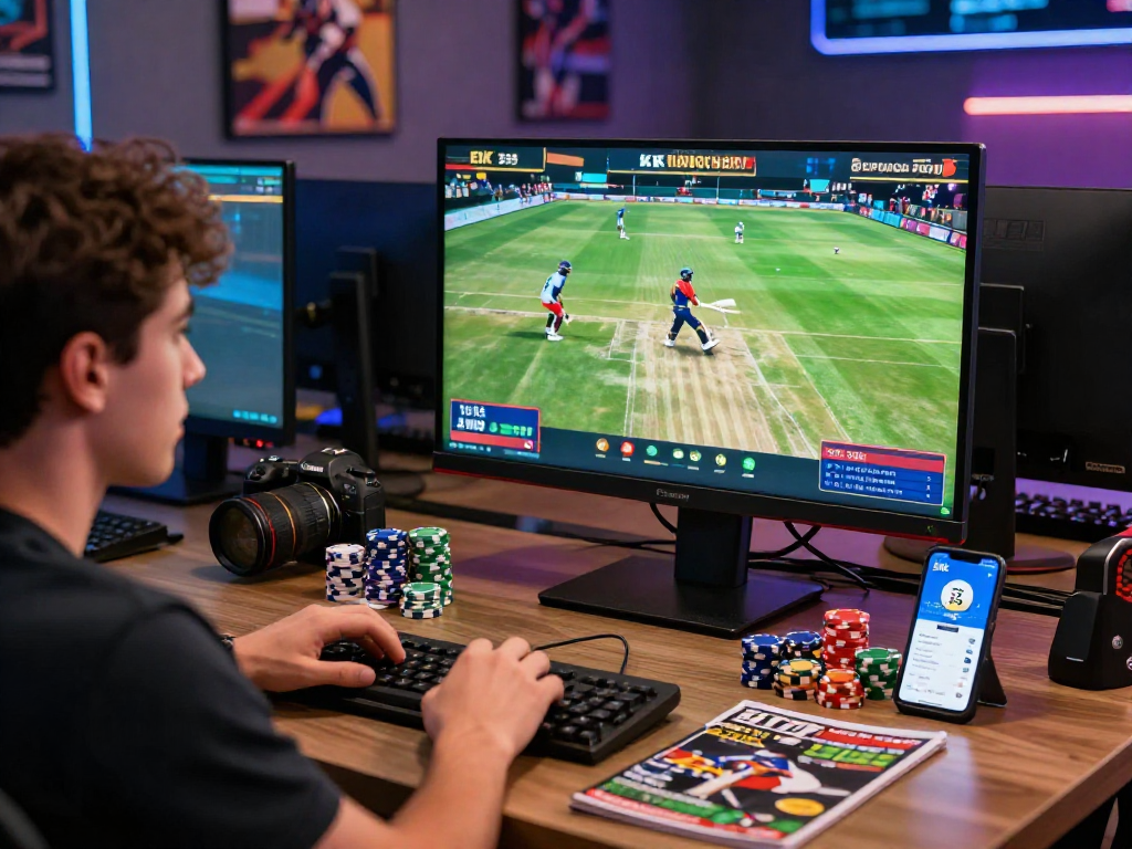 Engaged player using the EK 333 online betting app in a vibrant gaming lounge.