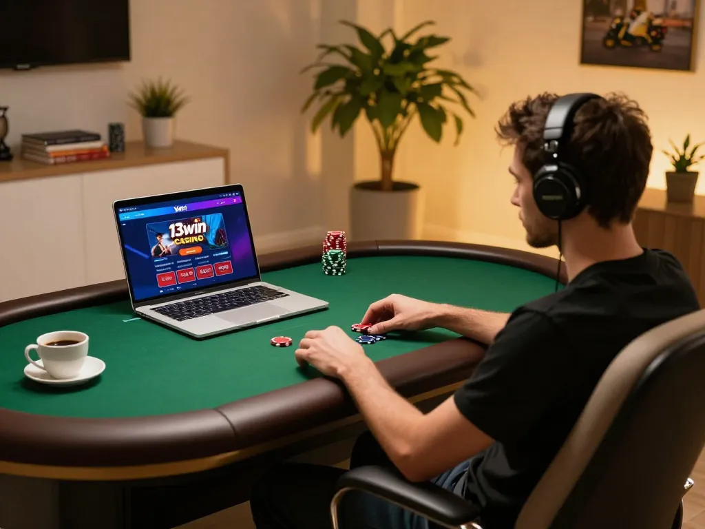 Engaging with poker game on 13win casino app in a cozy home setup.