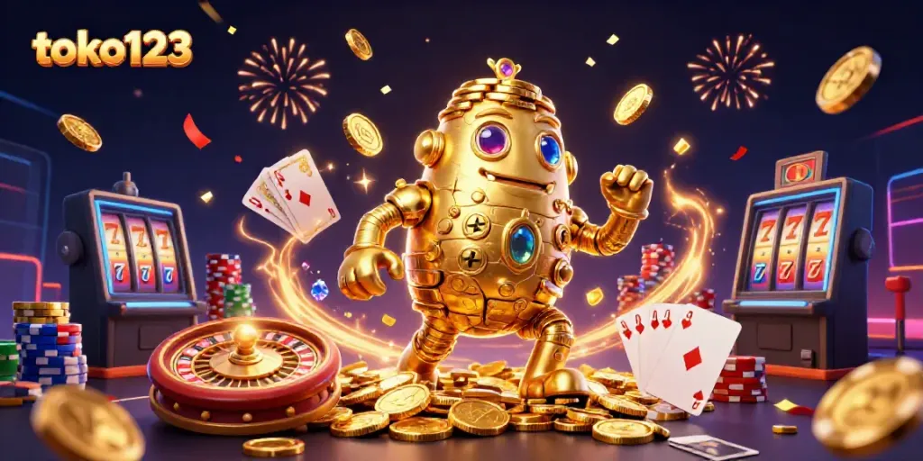 Experience jackpot thrills with toko123 as golden golems and vibrant casino elements create a dynamic atmosphere.
