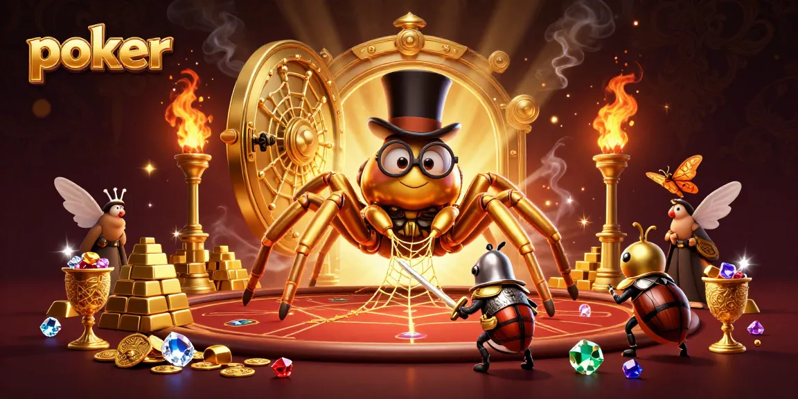 Poker strategy comes alive in a dynamic scene featuring a giant golden tarantula and beetle knight amidst treasures.