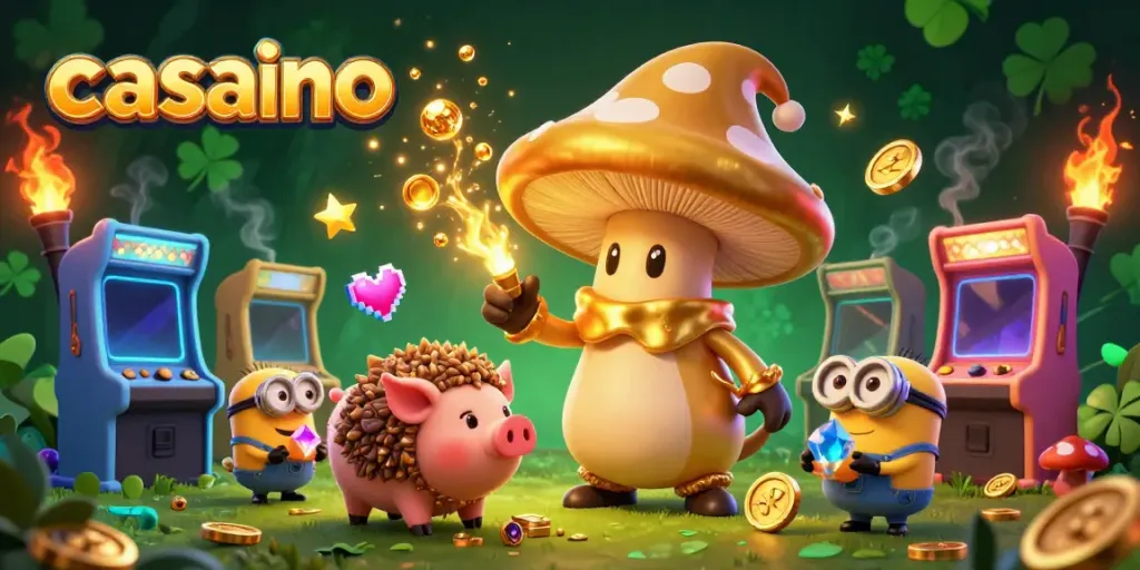Experience the vibrant fantasy of a magical casino scene with golden wizard characters conjuring treasures.