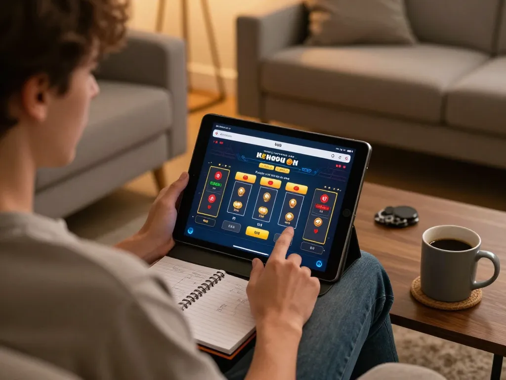 Engaging in online gaming at lv88 with a tablet, showcasing live dealer action and a cozy ambiance.