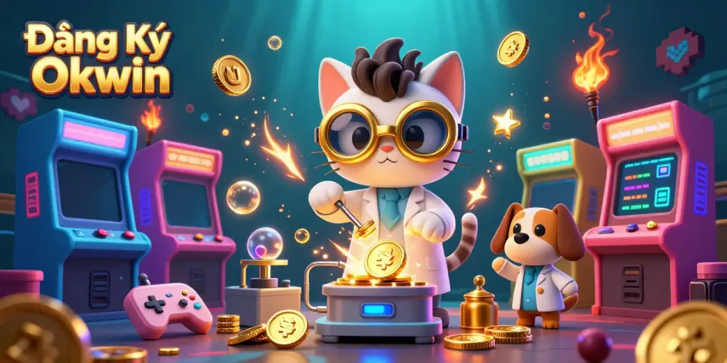 Experience the excitement of Đăng Ký Okwin in this lively 3D casino scene featuring vibrant characters and game elements.