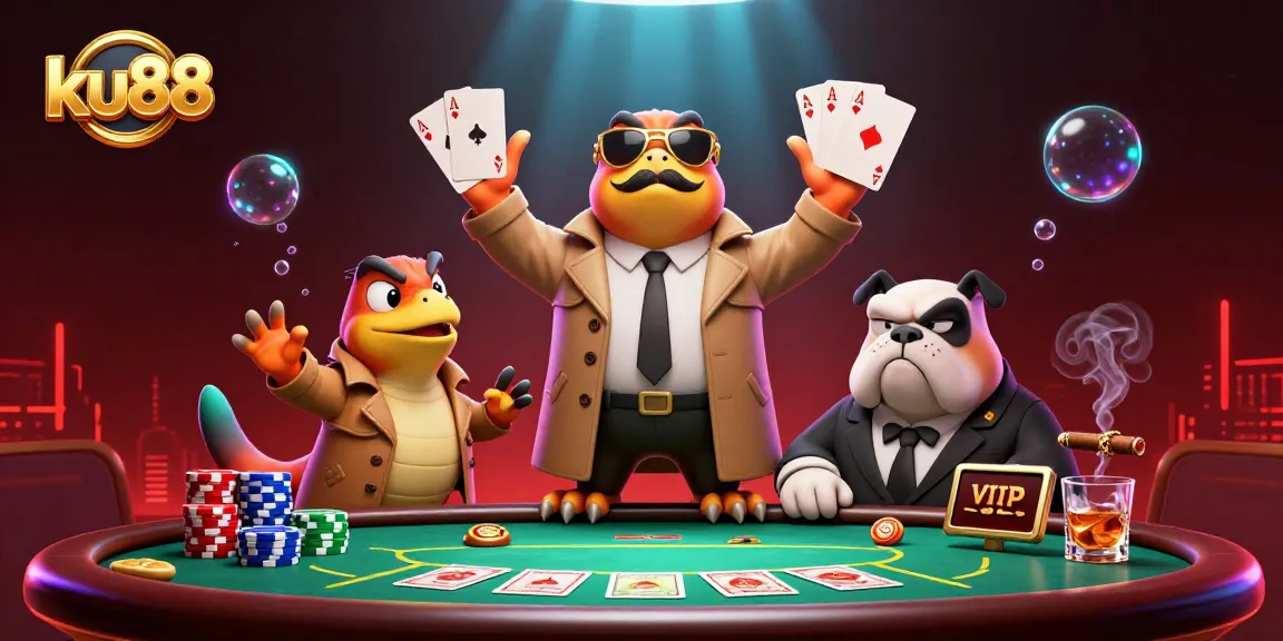 ku88 raptors hilariously attempting VIP entry in a vibrant casino scene with poker elements