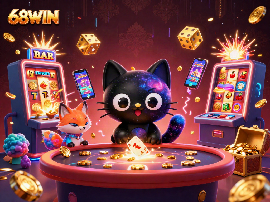 Engage with 68WIN's vibrant casino world through a whimsical illustration of cosmic characters and spirited game elements.