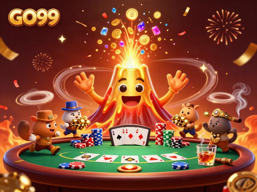 Experience thrilling wins with GO99 at the casino, where golden volcanoes erupt with treasure and poker excitement.