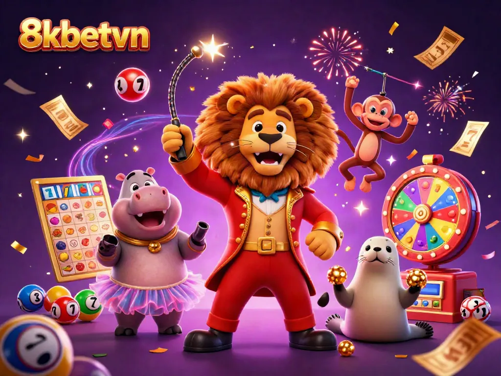 Experience the vibrant action of 8xbetvn with colorful characters and casino-themed elements in a dynamic illustration.