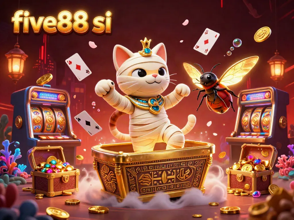 Experience the thrill at five88 si with colorful slot machines, floating cards, and an Egyptian mummy cat.