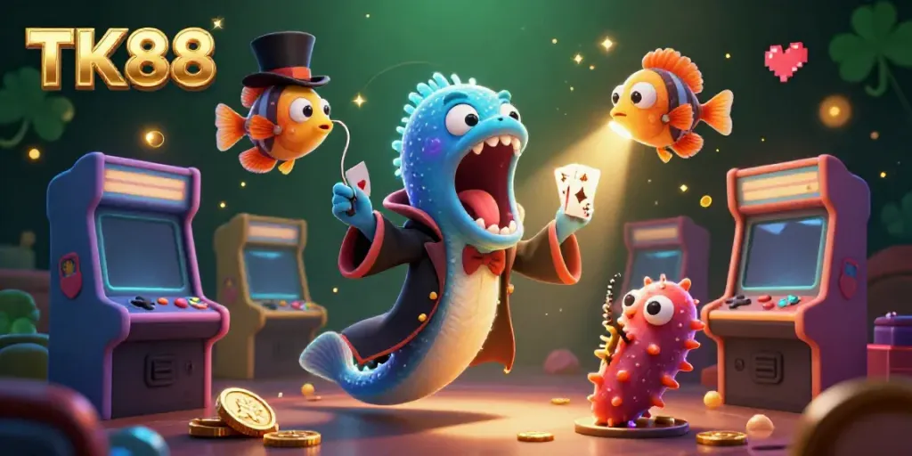 Experience the magic of TK88 with a bioluminescent eel performing tricks amidst vibrant arcade elements.