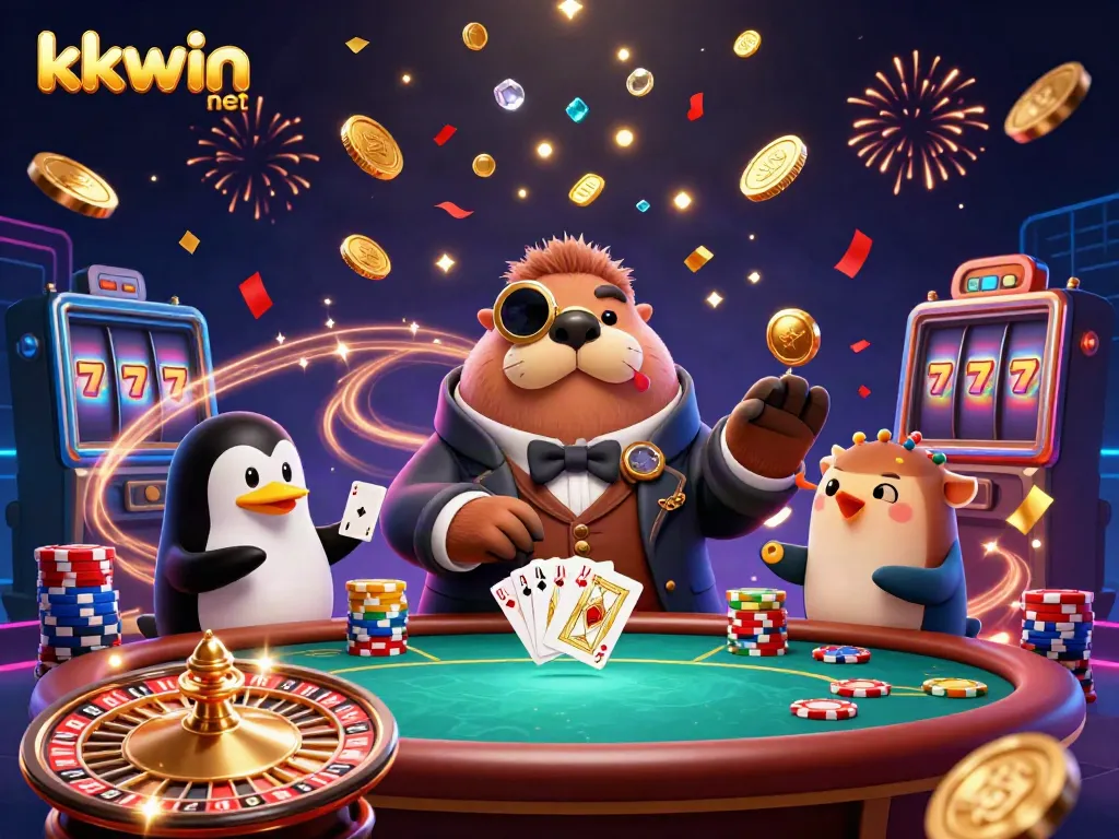 Engage with thrilling games at kkwin net featuring a jolly walrus and a bluffing pufferfish in a casino-like scene.
