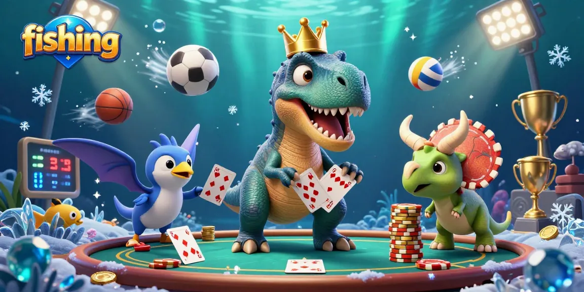 Fishing-themed 3D cartoon scene with a T-Rex shuffling cards and aquatic elements.