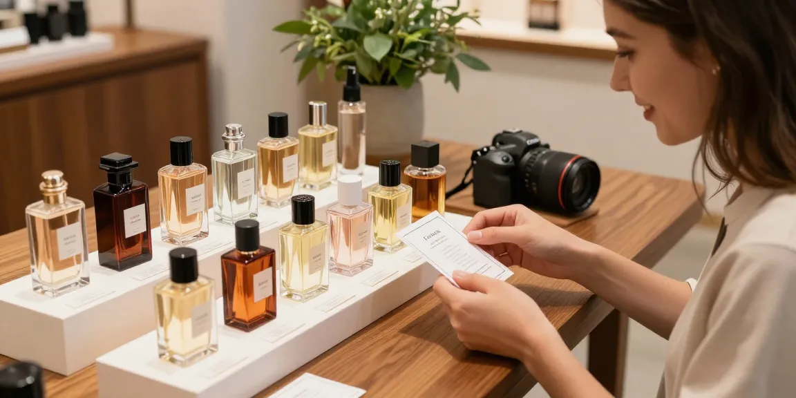 Perfume samples and decants displayed elegantly, showcasing a luxury shopping experience with diverse fragrances.