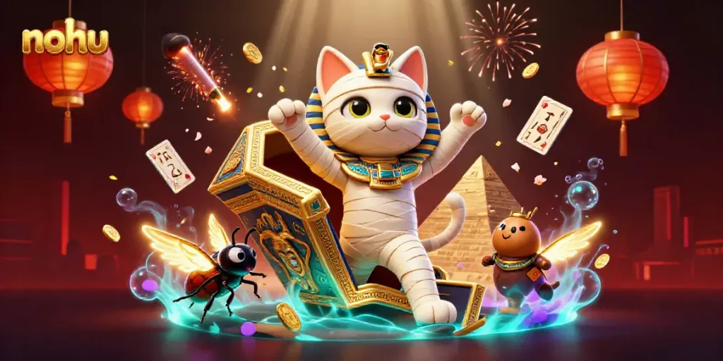 Engage with the vibrant nohu slots scene featuring a mummy cat and glowing elements promising thrilling gameplay.