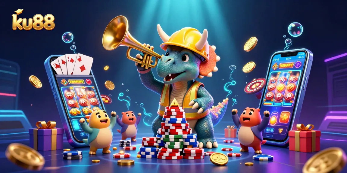ku88 brings excitement as a triceratops and parasaurolophus celebrate casino wins in a vibrant scene.