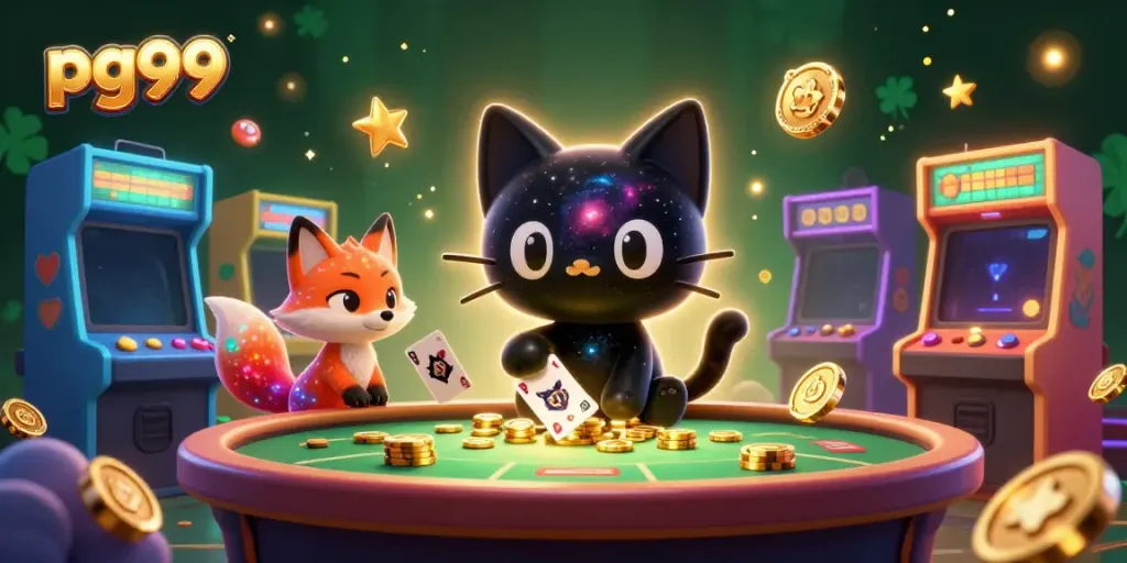 pg99 playful cosmic casino scene with a black hole cat and nebula fox amidst colorful gaming elements